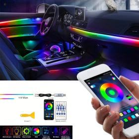 Bande lumineuse LED en néon RGB pour intérieur de voiture, éclairage suivi son d'ambiance Avec app et télécommande==شريط إضاءة LED نيون RGB لداخل السيارة، والإضاءة متبوعة بالصوت المحيط مع التطبيق وجهاز التحكم عن بعد